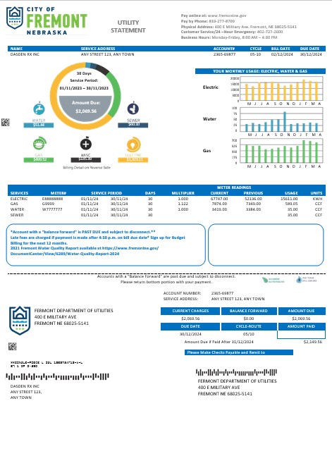 USA City of Fremont Nebraska business utility bill Word and PDF template PSD template